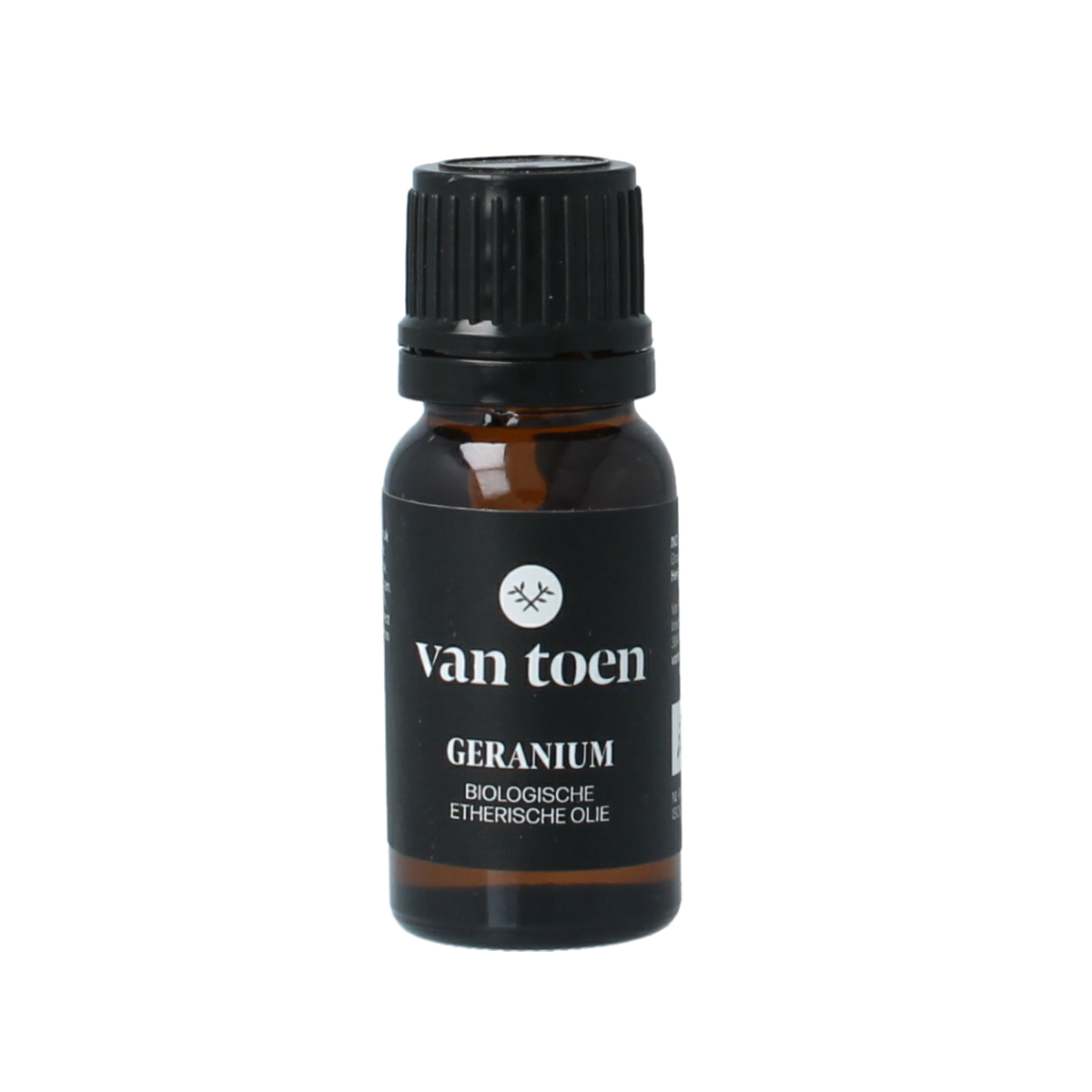 Van Toen bio geranium essential oil in a 10ml bottle, natural aromatic oil for wellness and aromatherapy use.