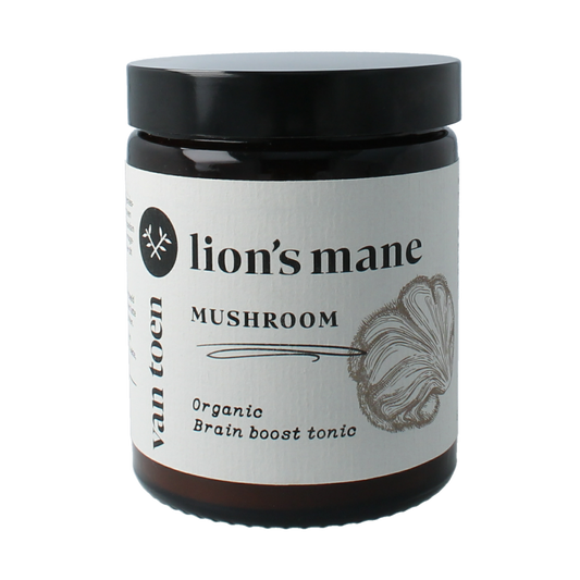 Van Toen Lion's Mane organic powder in a clear jar, showing the herbal supplement for cognitive health.