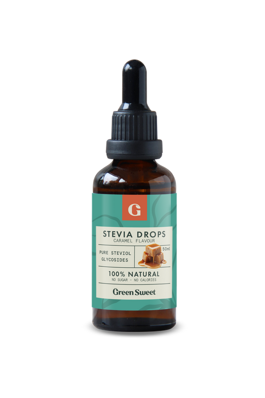 Green Sweet sweet stevia caramel liquid in 50ml bottle, natural sugar substitute from the Suikers en Zoetstoffen category.