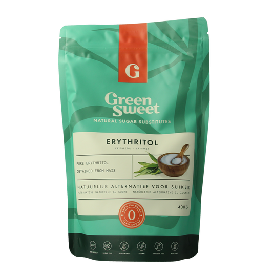 Green Sweet Erythritol sweetener in a 400g package, showing the green and white packaging with product branding and nutritional info.