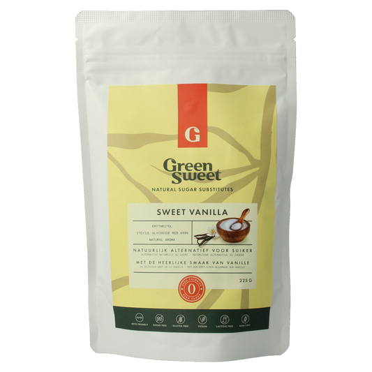 Green Sweet Vanille sweetener in a 225g package, featuring green packaging and vanilla flavor.