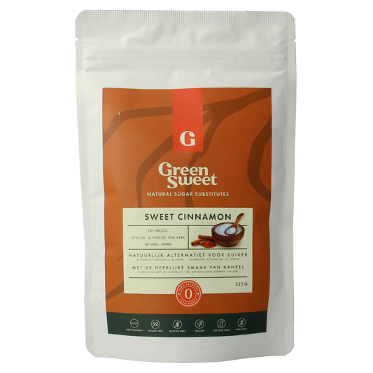 Green Sweet cinnamon in 225g container, showing fresh greenish-brown cinnamon sticks and powder for baking and cooking.
