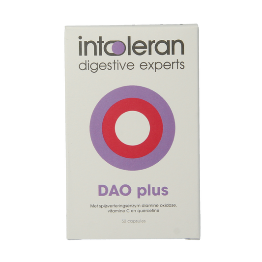 Intoleran DAO Plus capsules with fiber and enzymes in a clear bottle, designed to support digestion and gut health.