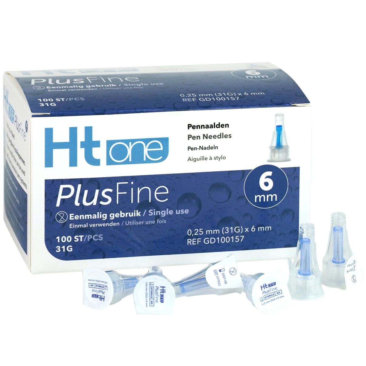HT One PlusFine pen needle in blue, 6mm length, 31G gauge, pack of 100 lancetten and needles for blood glucose testing.