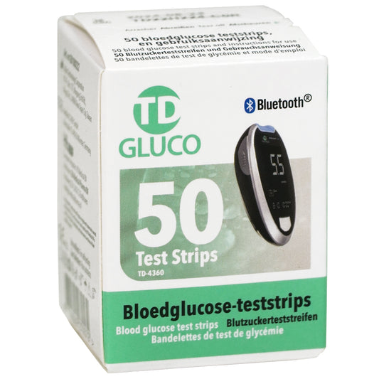 HT One HT One TD GLUCO glucose test strips, 50-pack, showing white strips with blue and red accents for blood sugar testing.