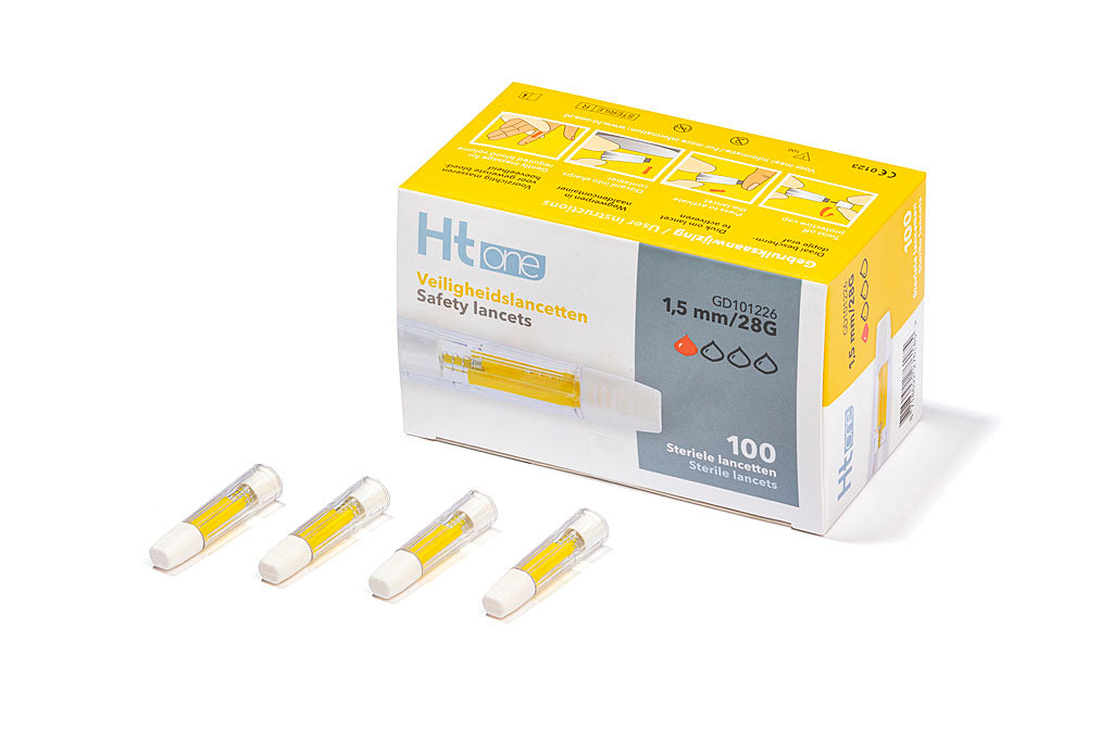HT One safety lancets with 1.5mm needle length, 100 safety lancets for blood sampling, shown in the image.