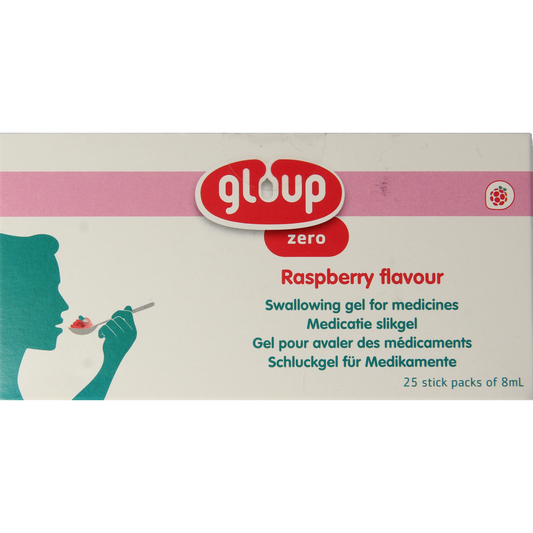Gloup Zero stickpack, 25-count, sugar-free chewing gum in individual packaging, displayed in a close-up image.
