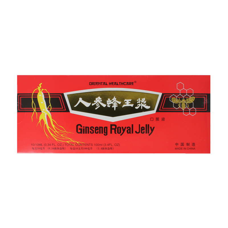 Bottle of Oriental Health Ginseng Royal Jelly 10x 10ml herbal supplement, showing the product label and packaging.