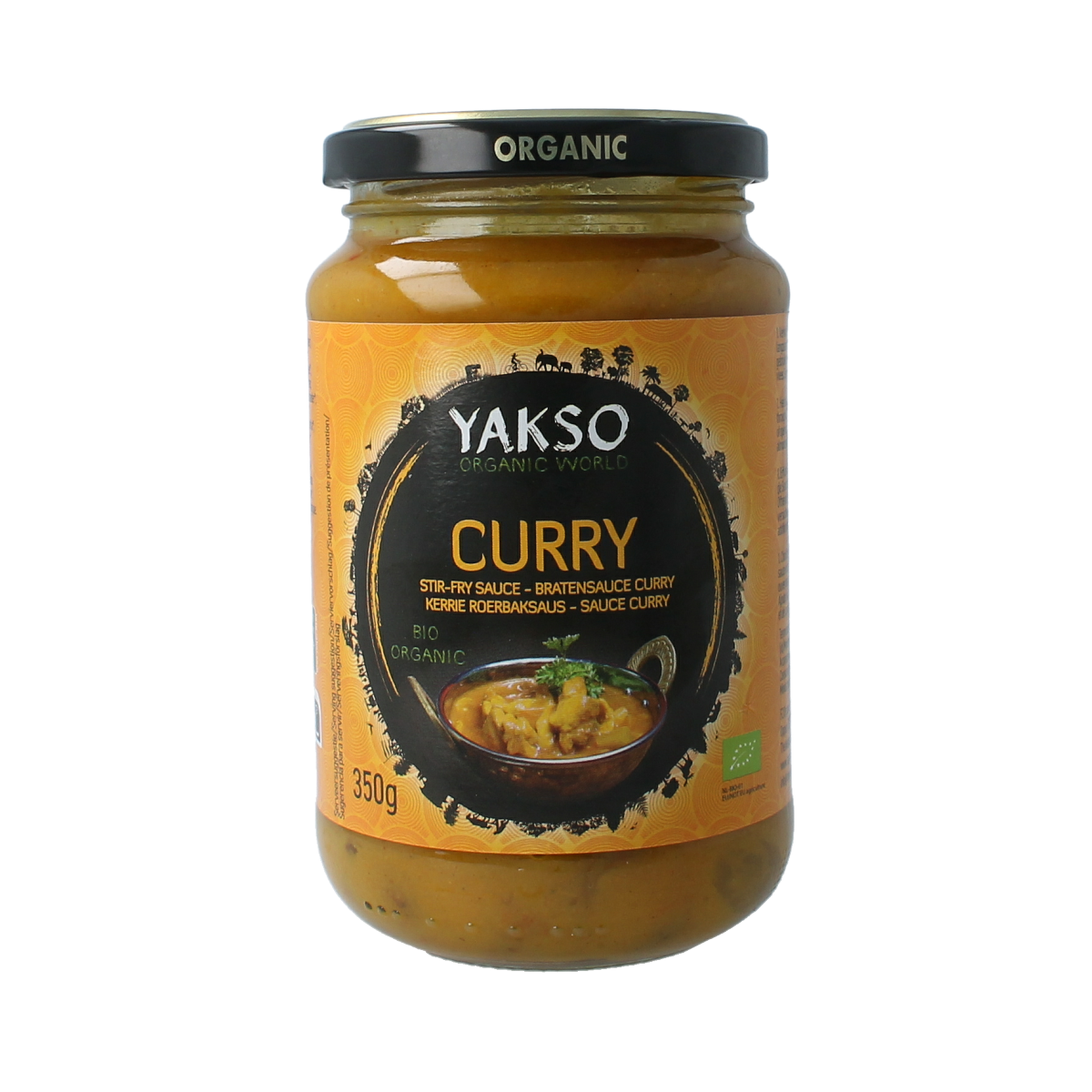 Yakso Curry wok saus bio in 350g bottle, organic flavor enhancer for Asian dishes, with colorful label and cap on a white background.
