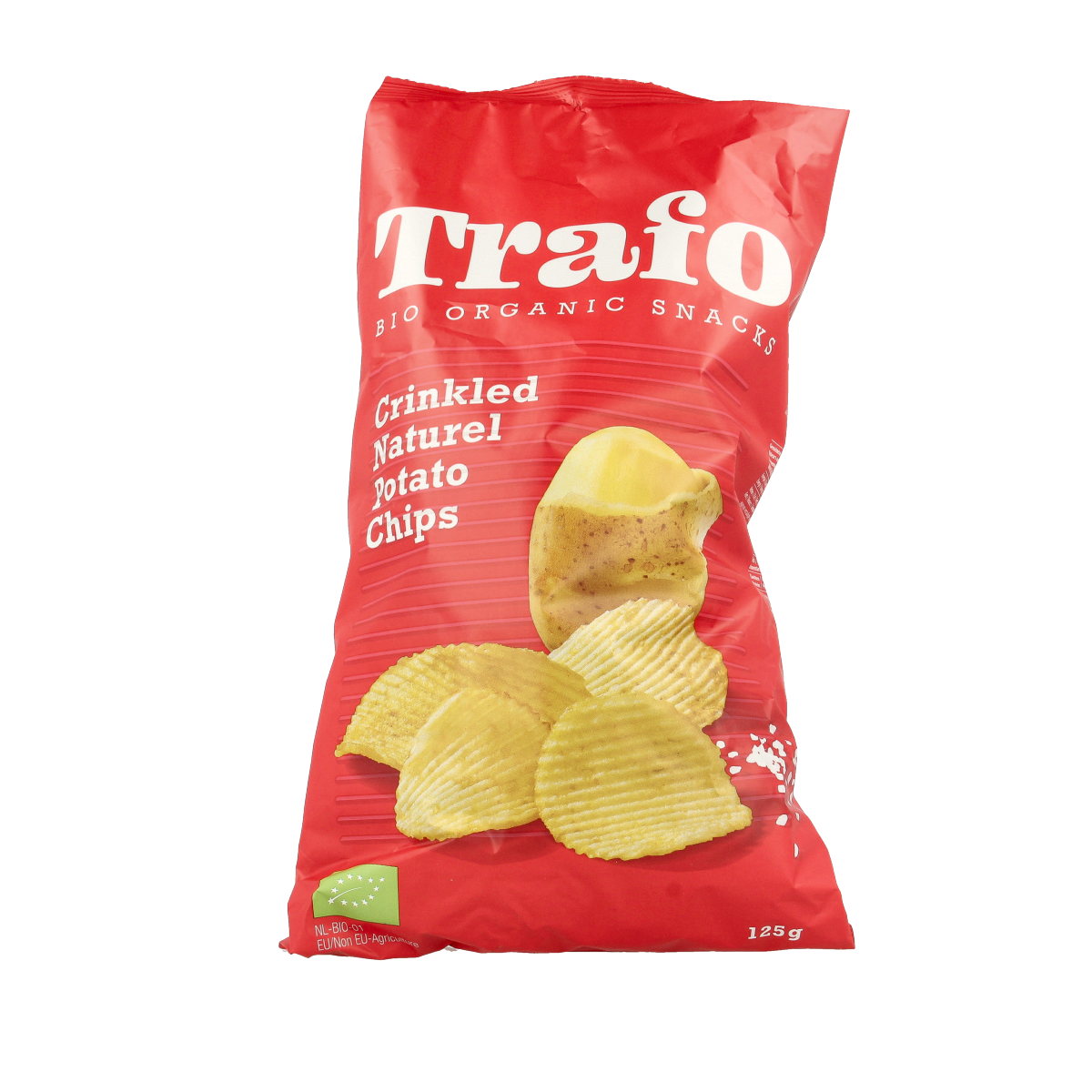 Trafo Ribbelchips gezouten bio 125g, crispy salted organic potato chips in a clear bag, showing the ridged chips inside.