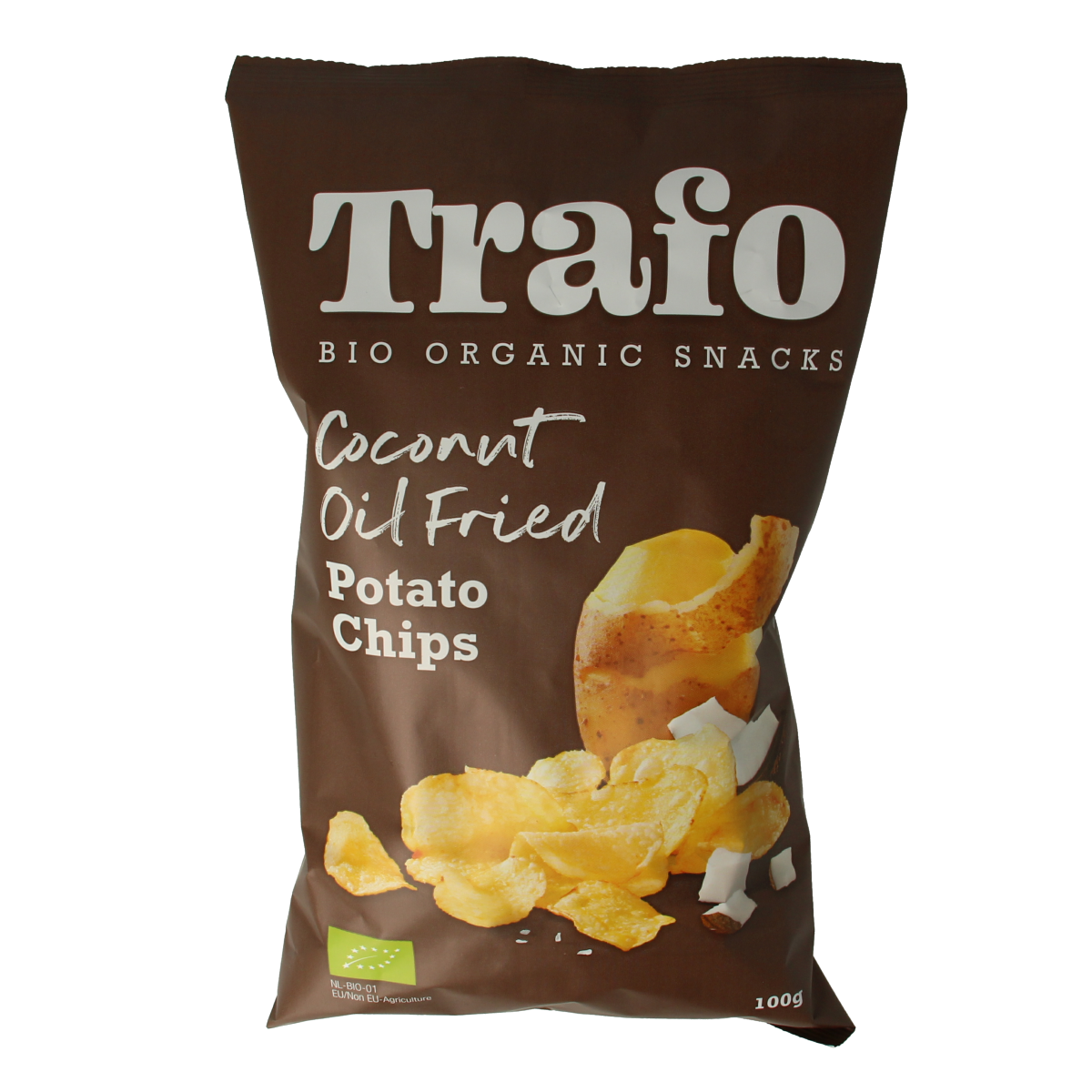 Trafo biologische kokosolie chips gebakken met zout, 100g, knapperige snack van Trafo in een open verpakking