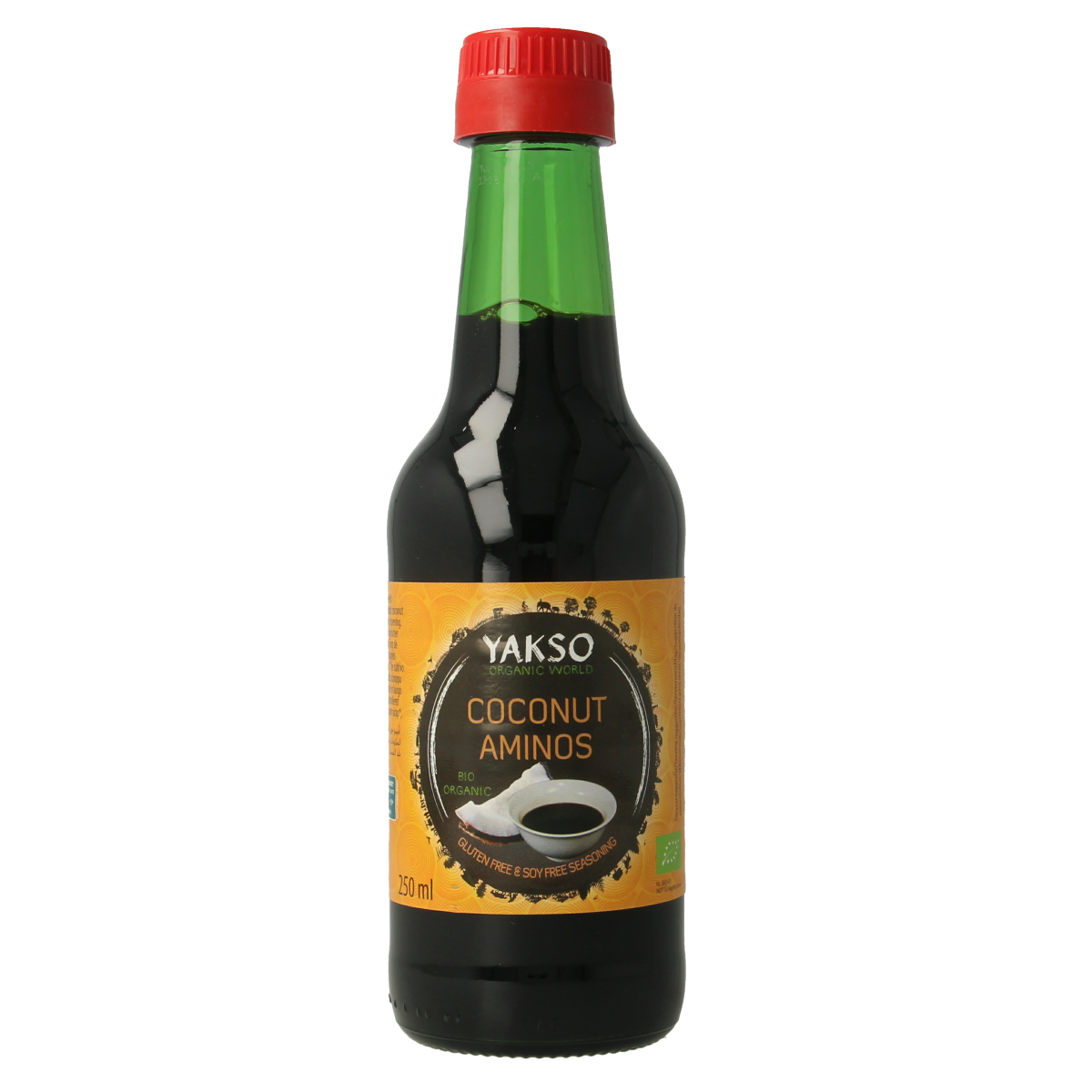 Bottle of Yakso Kokos aminos bio sauce in 250ml, a natural flavor enhancer from Yakso for Asian-inspired dishes.