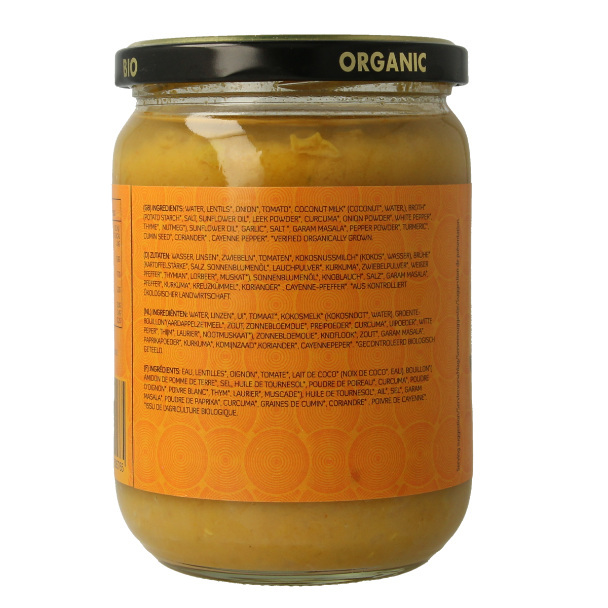 Yakso Dahl bio 500ml organic soup and broth container, featuring the label and transparent packaging.