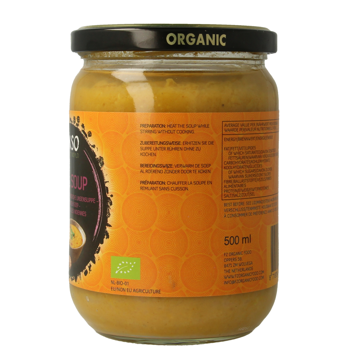 Yakso Dahl bio soup and broth in a 500ml bottle, showing the transparent container with the light-colored liquid inside.