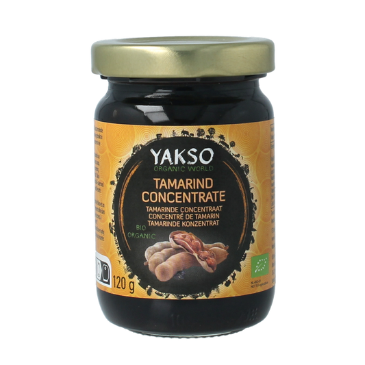 Organic Yakso Tamarinde concentrate in 120g jar, a tangy sauce and flavor enhancer for cooking and seasoning.