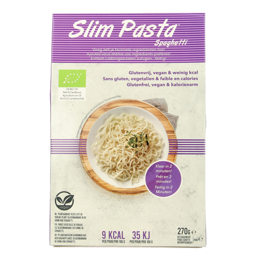 Organic Slim pasta spaghetti rice-based in 270g package, showcasing the slim, elongated rice pasta strands.