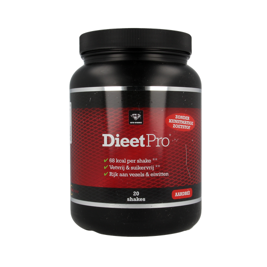 Dieet Pro Stevia aardbei herbal supplement 400g, natural stevia product with strawberry flavor, in a clear jar.