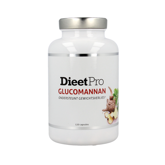 Dieet Pro Glucomannan capsules, herbal supplement in a white bottle, with 120 capsules, for dietary support and digestion.