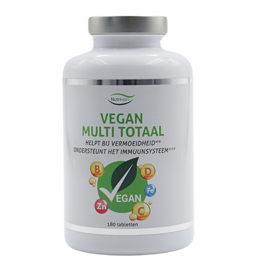 Nutrivian Multi Totaal Vegan vitamin supplement bottle with 180 tablets, featuring colorful label and capsule images.