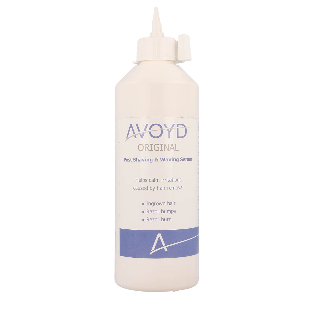 Avoyd Original serum 450ml bottle for hair removal and shaving, featuring a clear container with a white pump dispenser.