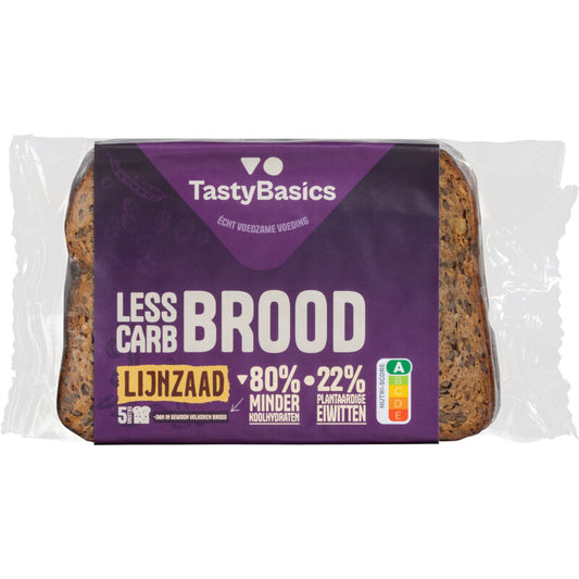 TastyBasics Brood lijnzaad, 250g, whole grain bread or crackers with visible flaxseed in packaging and on a sliced piece.