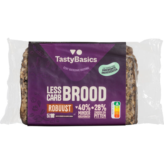 TastyBasics Brood Robuust 300g, a loaf of hearty bread with a crispy crust and rustic appearance, in a clear packaging.