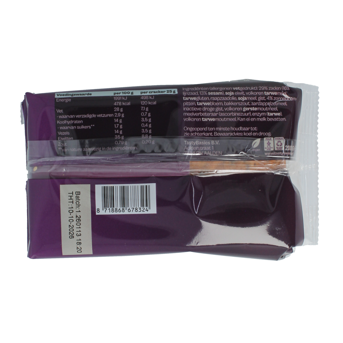 TastyBasics Less carb-high protein crackers meerzaden 200.00 Gram