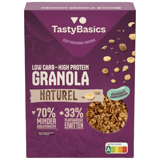 TastyBasics low carb, high protein granola in a 350g package, natural breakfast cereal with crunchy oats and seeds.