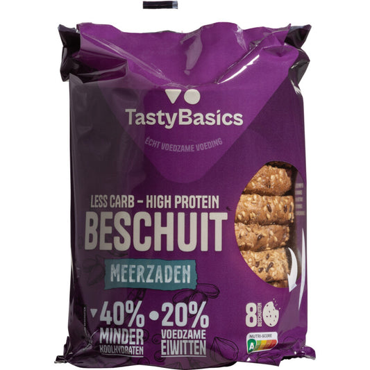 TastyBasics less carb high-protein meergranen beschuit with seeds, 184g, crispy whole grain cracker, close-up view.