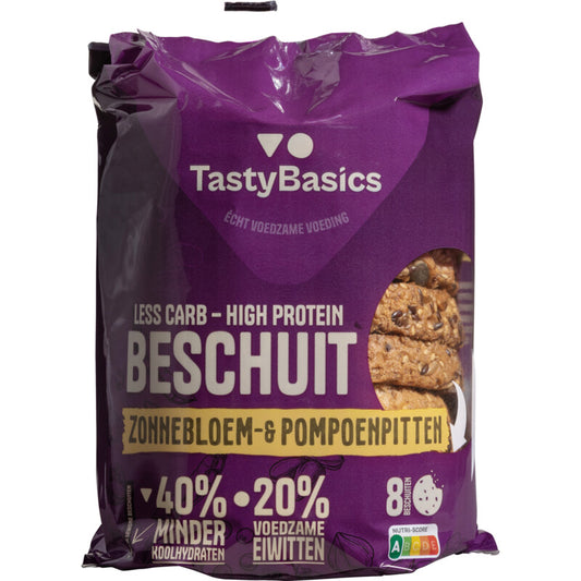 TastyBasics high-protein, low-carb beschuit with sunflower and pumpkin seeds, 184g, displayed on a neutral background.