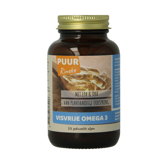 Puur Rineke Visvrije Omega 3 vegetarian capsules, dietary supplements for healthy fats, shown in a clear bottle.