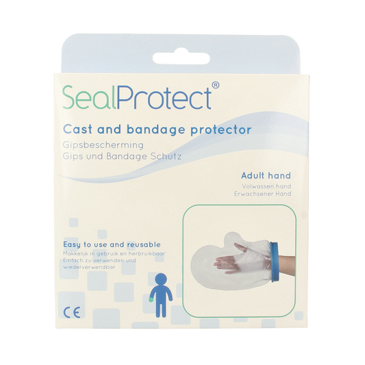 Sealprotect adult and child arm protective covers for shower and bath, shown in the image with packaging and product details.
