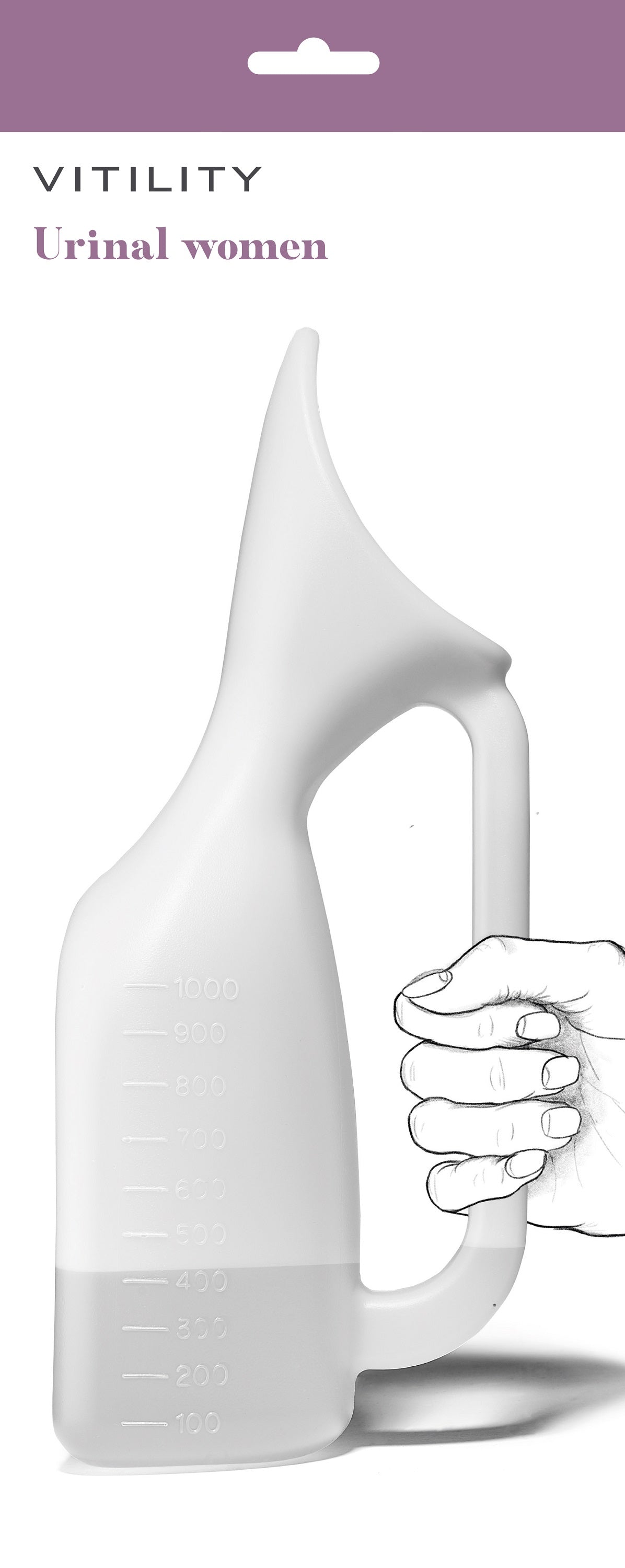 Vitility urine catheter and urinal for women, 1 piece, designed for comfortable urinary management.