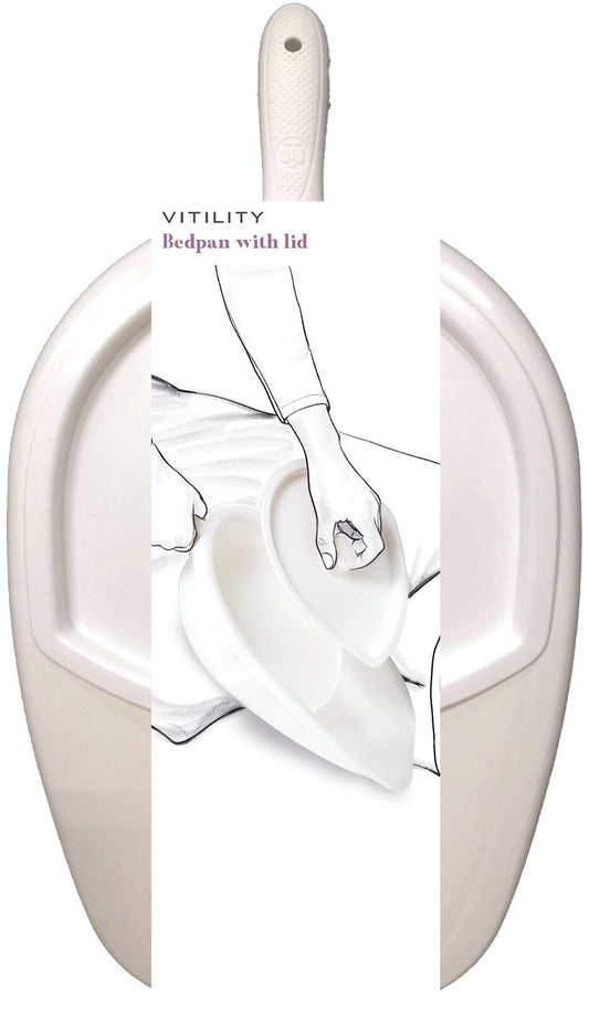 Vitility bedpan with lid, bedroom use, for adult care, made of durable plastic, single piece, suitable for overnight use.