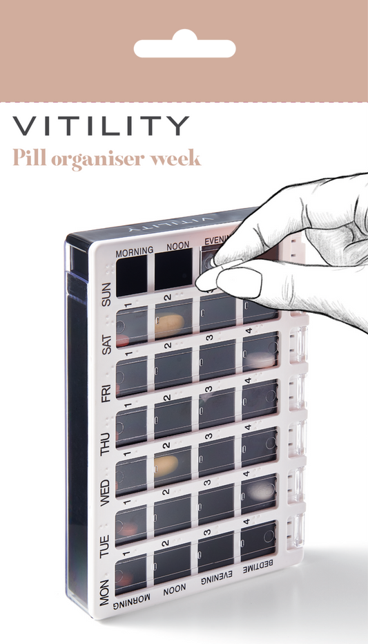 Vitility medicijncassette week 1.00 in a clear plastic storage container for organizing daily medication doses.