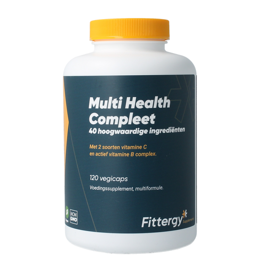 Fittergy Multi Health Complete vegetarian capsules, dietary supplement, with colorful capsules in a jar.