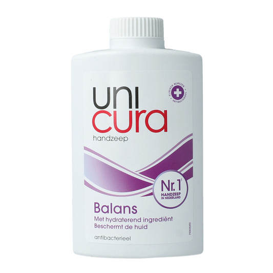Unicura Handzeep balance refill bottle, 250ml, for hand care, with a white and blue label showing the brand and product details.