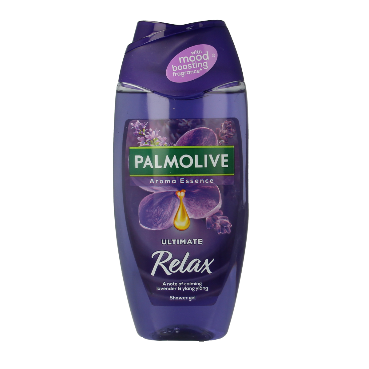 Palmolive Sunset Relax shower gel in 250ml bottle, featuring a calming sunset fragrance and smooth, hydrating formula.