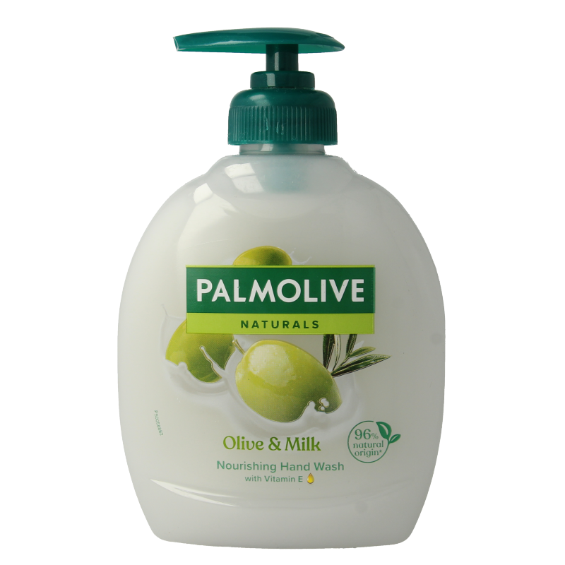 Palmolive Naturals hand soap with milk and olive oil, 300ml bottle showing the creamy soap and olive oil ingredients.