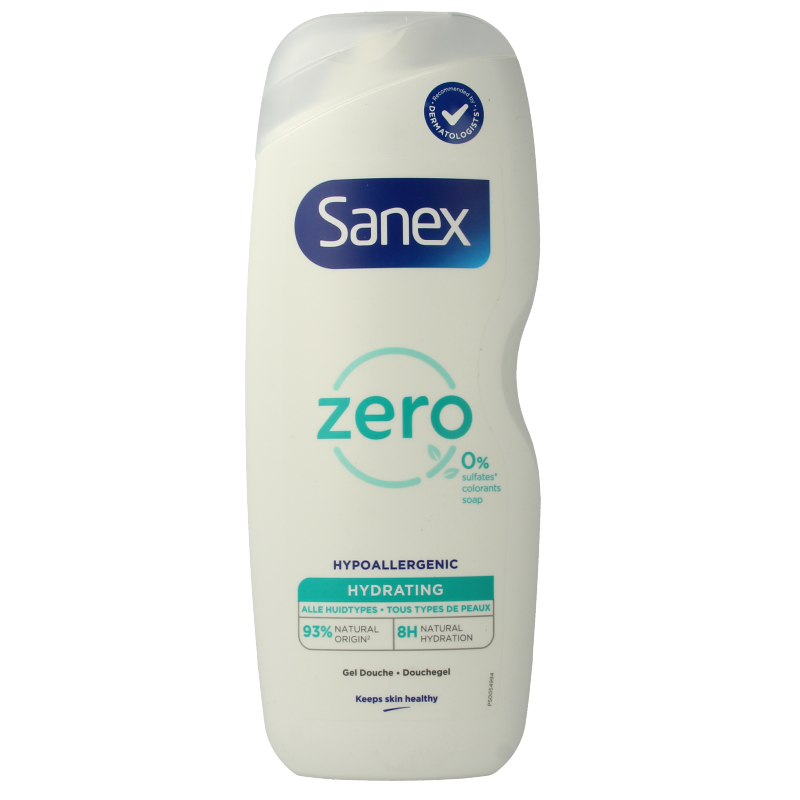 Sanex Douche Zero% Normal Skin 600ml bottle with white cap and label, designed for gentle skin cleansing.