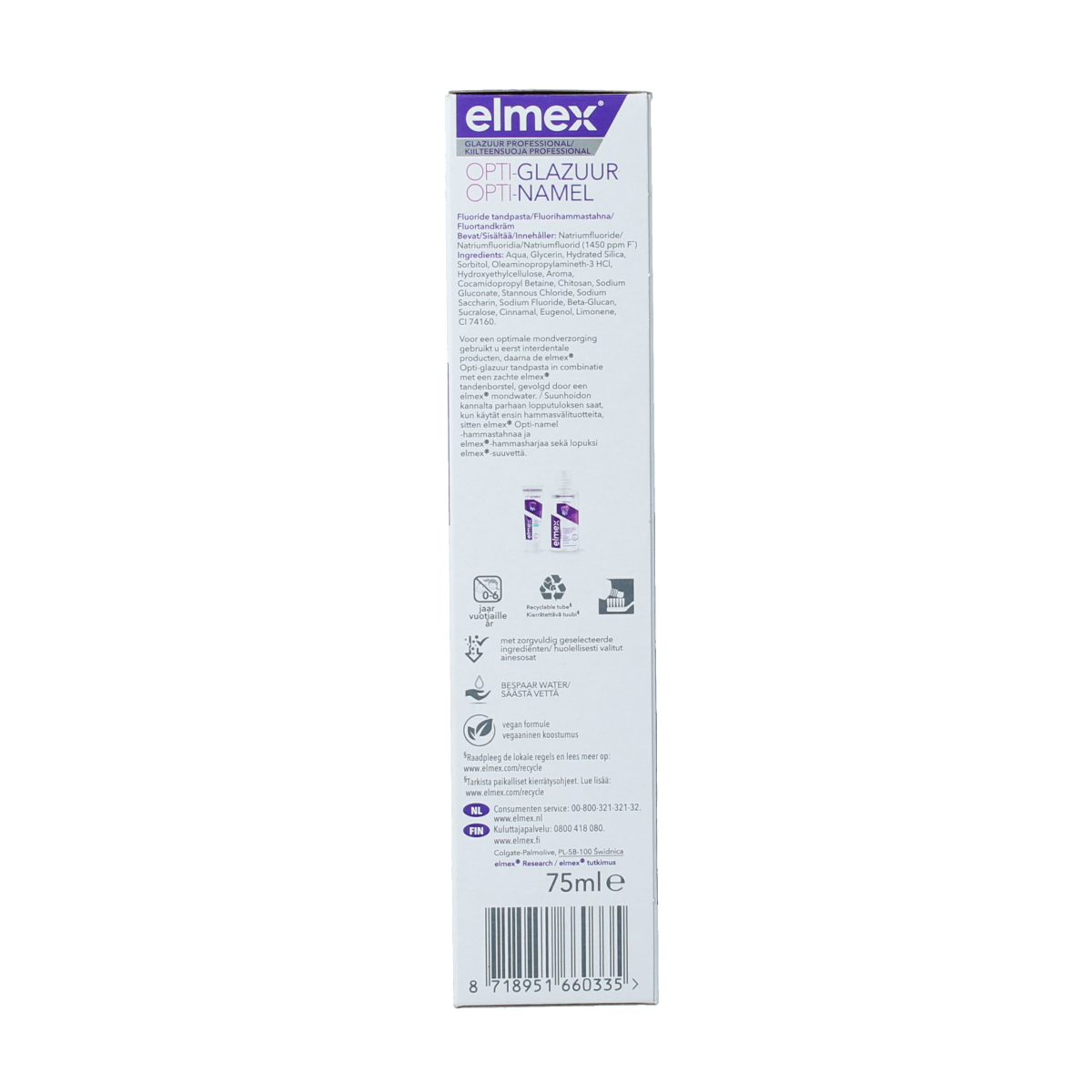 Elmex toothpaste tube for enamel protection, 75ml, with a thermometer in the background, showing dental care branding.