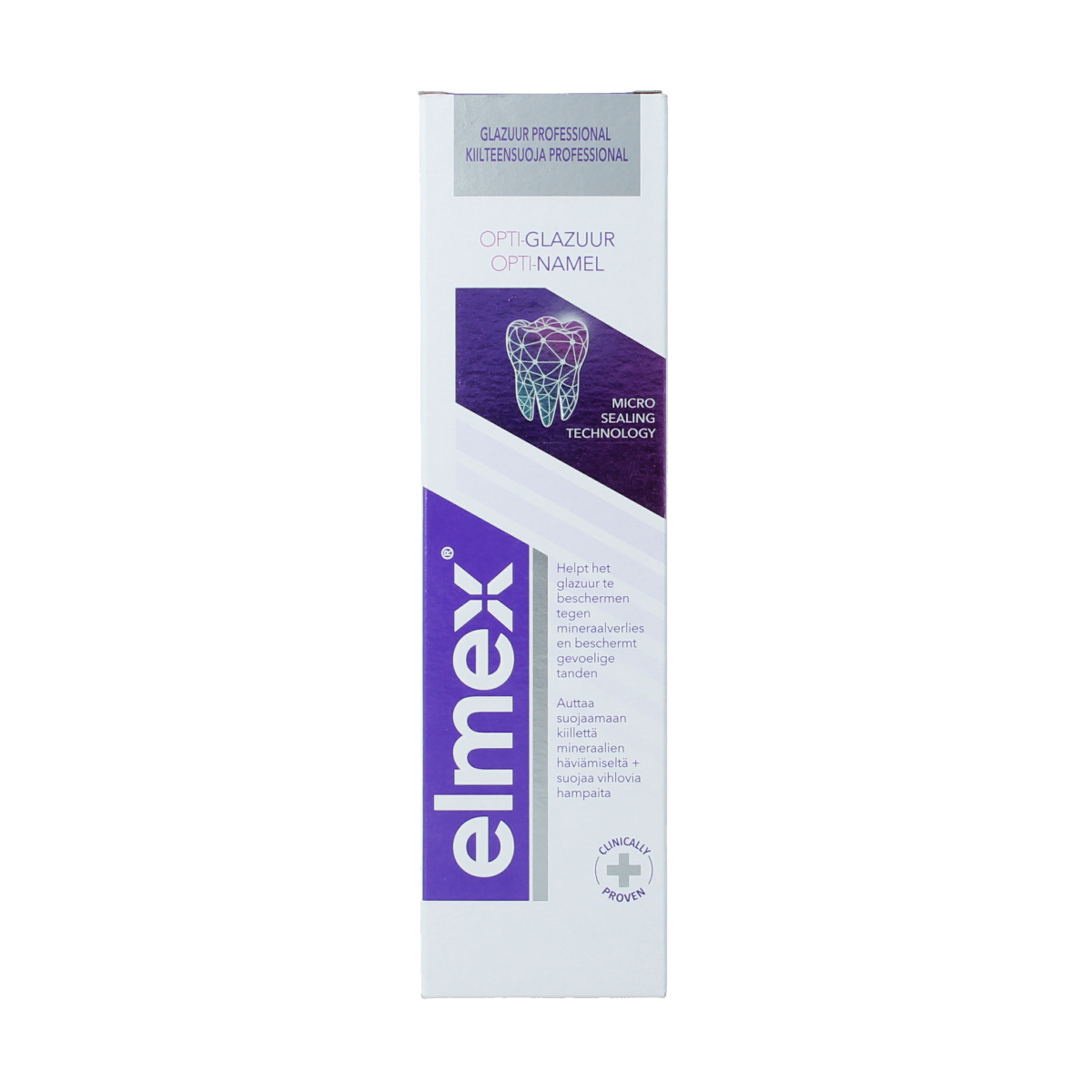 Elmex toothpaste for gloss protection, 75ml tube, with a close-up view of the packaging and branding.
