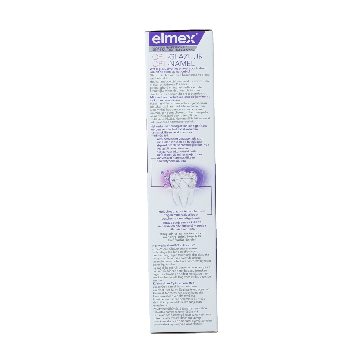 Elmex toothpaste tube for enamel protection, 75ml, shown with packaging and branding in a close-up image.