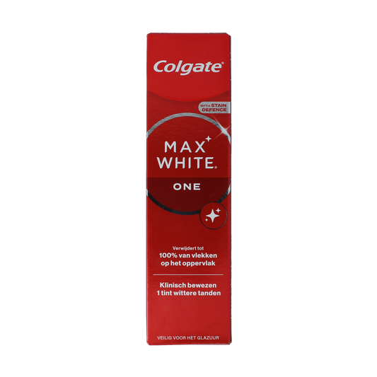 Colgate Max White One toothpaste tube, 75ml, showing the white and blue packaging with the Colgate logo.