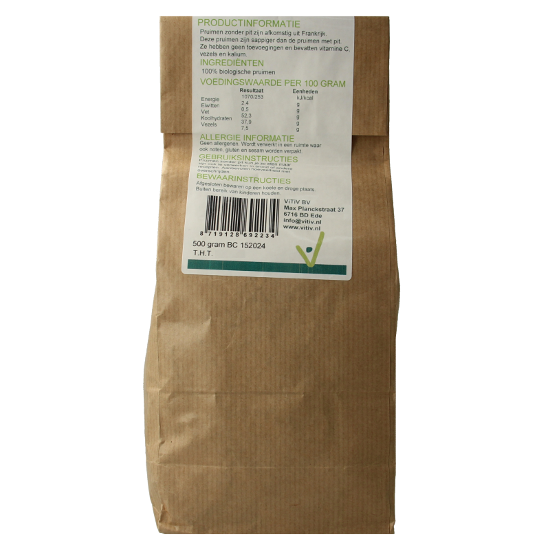 Vitiv organic pitted prunes in a 500g package, close-up view of the packaged dried fruit.