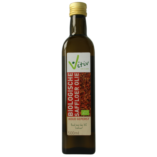 Vitiv Safflower Oil bio 500ml bottle, natural golden saffloerolie with a clear label, in a glass bottle on a white background.