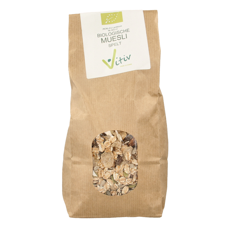 Vitiv organic spelt muesli in a 500g package, natural breakfast cereal with whole spelt grains, healthy and nutritious.