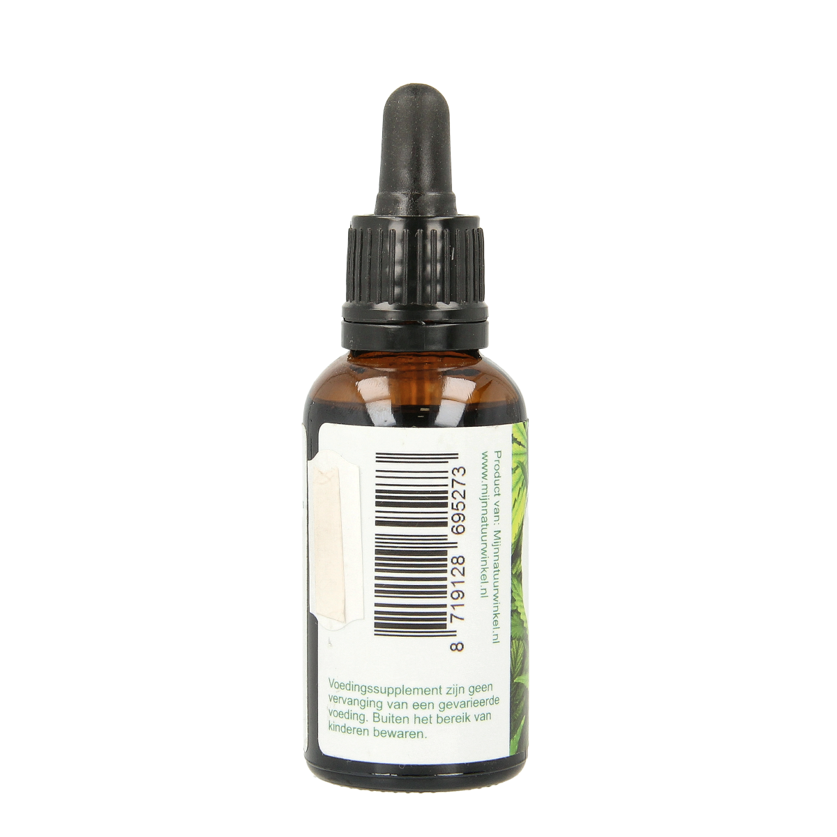Dropper bottle of MijnNatuurwinkel CBD olie 2.75% in 30ml herbal supplement bottle with label and dropper cap.