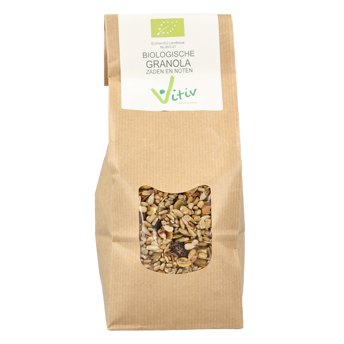 Vitiv bio granola with seeds and nuts in a 500g package, perfect for breakfast, shown in the image.
