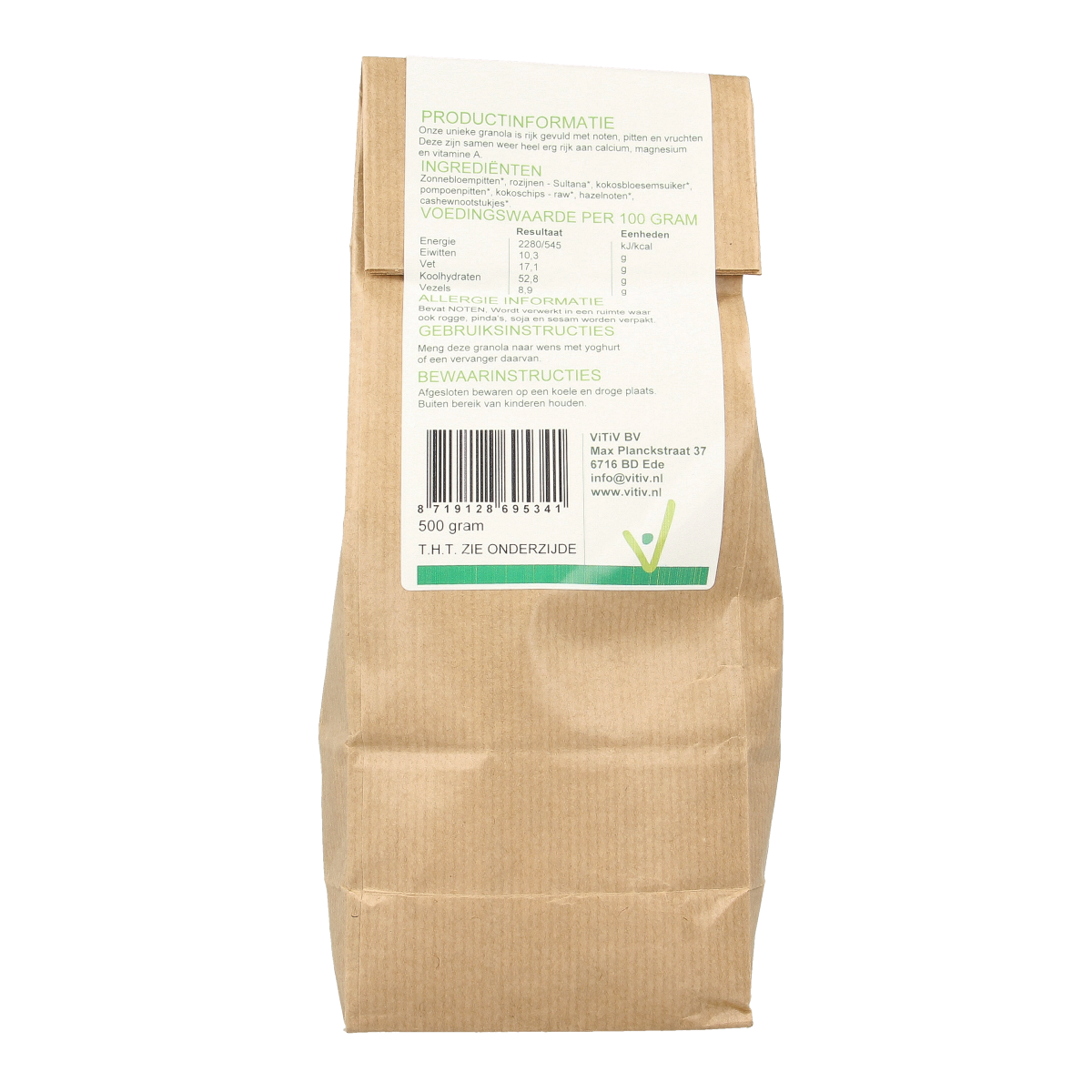 Vitiv bio granola with seeds and nuts in a 500g package, natural breakfast cereal with oats, almonds, sunflower seeds, and more.
